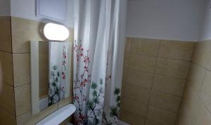 Un baño con cortina de ducha y un inodoro. en Valentina Studio, en Baia Mare