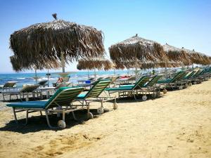 a row of chairs and straw umbrellas on a beach at PylaApts - Apartments near the beach in Pyla