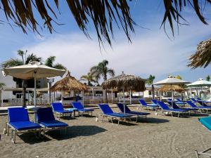 a bunch of chairs and umbrellas on a beach at PylaApts - Apartments near the beach in Pyla