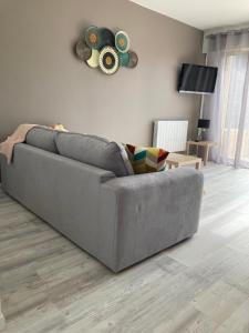 a grey couch sitting in a living room at Les Mélèzes 1 Studio in Barcelonnette