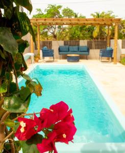 a swimming pool with a pergola and a red flower at Pousada Dunas do Icarai in Icaraí
