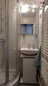 a bathroom with a shower and a sink at Colors of Cvjetno Apartment in Zagreb