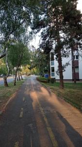 an empty road with trees on the side of the road at Colors of Cvjetno Apartment in Zagreb