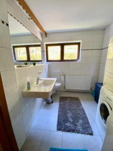 a bathroom with a sink and a washing machine at Ferienhaus Sonnleiten in Walchsee