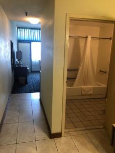 a bathroom with a tub with a shower curtain at Capes Hotel in Virginia Beach