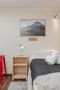 a bedroom with a bed and a picture on the wall at Cerros Apart Hotel in Coihaique