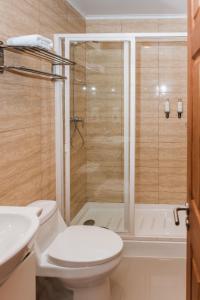a bathroom with a shower and a toilet and a sink at Cerros Apart Hotel in Coihaique