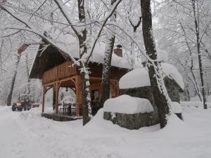 een blokhut in de sneeuw met een berg sneeuw bij Holiday Home Ana in Tounj