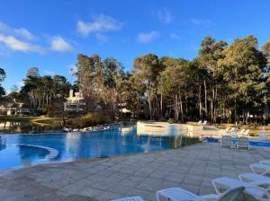 uma piscina num resort com cadeiras brancas e árvores em Monoambiente Green Park em Punta del Este