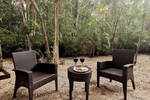 two chairs and a table with two glasses of wine at Agua & Selva luxury Jungle loft in Tulum