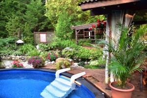 a swimming pool in a garden with flowers and plants at PETIT COIN DE PARADIS in Sainte Anne des Lacs