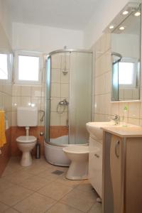 a bathroom with a shower and a toilet and a sink at Apartments by the sea Necujam, Solta - 8647 in Grohote