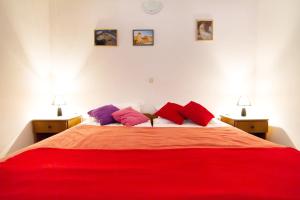 a bedroom with a large bed with red and purple pillows at Apartment Stomorska 8650a in Stomorska
