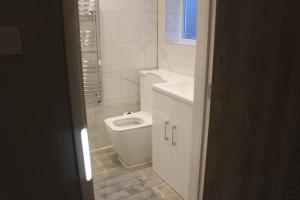 uma casa de banho branca com um WC e um lavatório em Cosy Central Luton Studio Flat -Ideal for Airport! em Luton