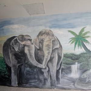 une peinture de deux éléphants debout l'un à côté de l'autre dans l'établissement Haadrin village Fullmoon, à Haad Rin