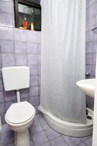 a bathroom with a toilet and a shower curtain at Apartments by the sea Cove Saplunara, Mljet - 4906 in Saplunara