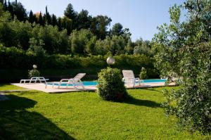 Duas espreguiçadeiras e uma piscina num quintal em Agriturismo De Santis em Castiglioncello