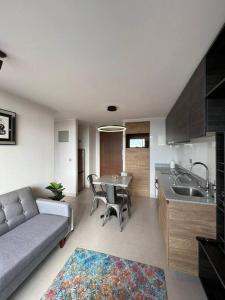 a kitchen and living room with a couch and a table at Departamento en el centro de concepción, 2 dorm. in Concepción