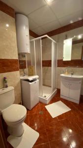 ein Bad mit einem WC, einer Dusche und einem Waschbecken in der Unterkunft Marina View Fort Beach Studio in Sweti Wlas