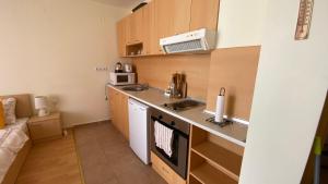 eine kleine Küche mit einer Spüle und einer Mikrowelle in der Unterkunft Marina View Fort Beach Studio in Sweti Wlas