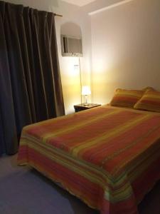 a bedroom with a bed and a window with a lamp at Tucuman Centro Departamento in San Miguel de Tucumán