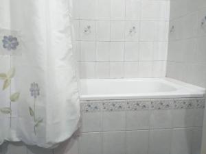 a bathroom with a tub and a shower curtain at Tucuman Centro Departamento in San Miguel de Tucumán +14 photos