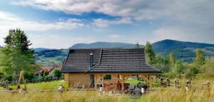 ein kleines Haus auf einem Feld mit Bergen im Hintergrund in der Unterkunft Domek w górach Na Grapie in Stryszawa