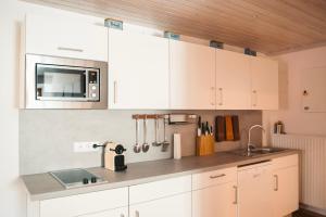 een witte keuken met witte kasten en een wastafel bij Apartment Hainfeld in Hainfeld