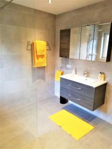 een badkamer met een wastafel en een glazen douche bij Kaiser Suite, Apartments Scheffau in Scheffau am Wilden Kaiser
