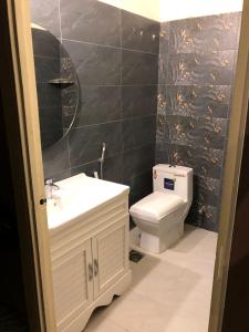 a bathroom with a sink and a toilet and a mirror at Fully Luxurious Entire Villa Vacation Home In Bahria Town Phase 8 in Rawalpindi