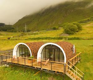 a building in a field with a mountain in the background at Kazbegi Glamping in Stepantsminda