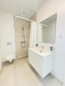 a white bathroom with a sink and a toilet at aday - Harbor Groundfloor Own Entrance - Studio in Aalborg