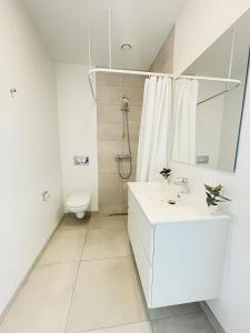 a white bathroom with a sink and a toilet at aday - Harbor Groundfloor Own Entrance - Studio in Aalborg +22 photos