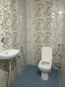 La salle de bains est pourvue de toilettes et d'un lavabo. dans l'établissement Khajuraho Dreams Homestay, à Khajurâho