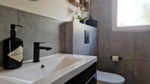 a bathroom with a sink and a bottle of wine at Ferienhaus Seeoase - 70qm - Kamin -Terrassen - Parkplatz - Badestelle fußläufig in Joachimsthal +24 photos