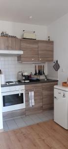 a kitchen with wooden cabinets and a white refrigerator at Das kleine Liesl in der Neustadt mit Parkplatz in Dresden