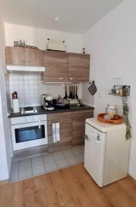 a kitchen with a white refrigerator and a white stove at Das kleine Liesl in der Neustadt mit Parkplatz in Dresden