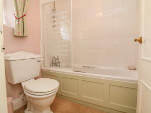 a bathroom with a toilet and a bath tub at Vine Cottage in Minehead