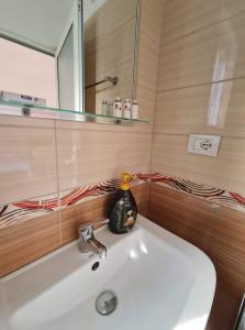 ein Badezimmer mit einem weißen Waschbecken und einem Spiegel in der Unterkunft Villa Deart Berat in Berat