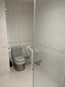 baño con aseo y puerta de ducha de cristal en HOTEL MARIA ROSA en Pedrola