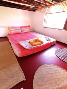 Un dormitorio con una cama roja en una habitación con alfombras en New Arisen Bungalows en Bwejuu