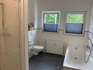 a bathroom with a toilet and a sink and two windows at Stadtvilla Hameln in Hameln