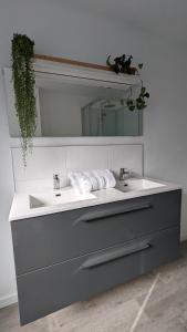 y baño con lavabo y espejo. en Les Appartements de Viarmes et de Guernisac, en Morlaix