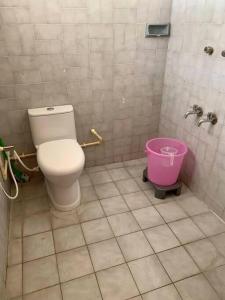 a bathroom with a toilet and a pink bucket at Kamala Holiday Home in Mysore