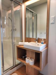 a bathroom with a sink and a shower at Masuria Resort Village, całoroczne domki z widokiem na jezioro, sauna i jacuzzi in Żywki