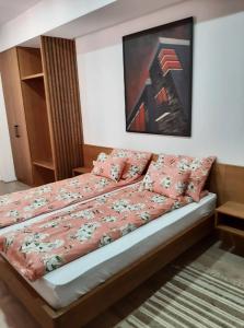 ein Schlafzimmer mit einem Bett mit rosa Bettwäsche und einem Gemälde in der Unterkunft Apartment Mašić in Sombor