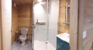 a bathroom with a shower with a toilet and a sink at Chalet cocody jacuzz in Jausiers