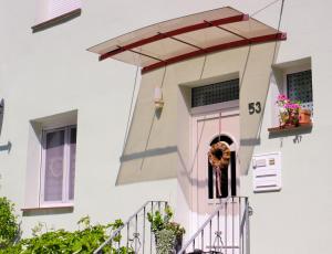 une maison avec un chien sur la porte d'entrée dans l'établissement Gästewohnung Merci, à Merseburg