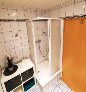 a small bathroom with a shower with a shower at Gästewohnung Merci in Merseburg