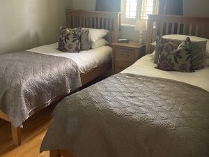 a bedroom with two beds and a table with a lamp at Kingfisher Lodge, South View Lodges, Exeter in Exeter